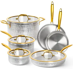 Michelangelo Triply Stainless Steel Pots and Pans Set, 10-Piece Hammered Stainless Steel Cookware Set with Golden Handle, Premium Induction Kitchen Cookware, Oven Safe