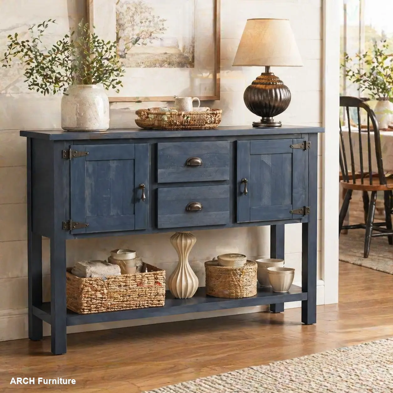 ARCH 46'' Solid Wood Distressed Vintage Double Drawer Sideboard Console Table with Cabinets & Bottom Shelf, Retro Storage Buffet Server for Living Room, Kitchen (Navy Blue)(W1202P356655), Distressed Vintage Sideboards, Double Drawer Sideboards