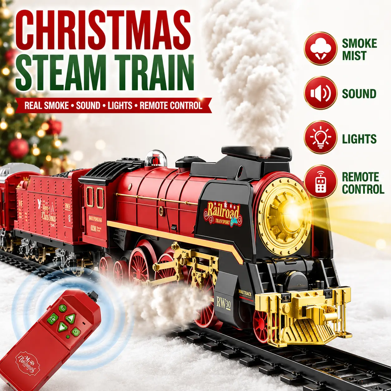 Retro RC Trains & Railway Toy - Collector's Edition, 2 Lights, Realistic Sound, Water Smoke Spray, Remote Control, Rechargeable Battery, Train Play for Kids 3+, Christmas Gift (Toys & Hobbies Electric Model)