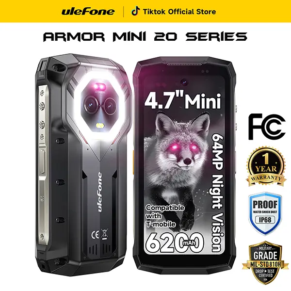Ulefone Armor Mini 20T Pro 5G Rugged Smartphone - 4.7" HD+ Corning Gorilla Glass View Screen, 16GB+256GB MTK Dimensity 6300, 50MP Main Camera, Thermal Imaging, 6200mAh(33W), Waterproof, Versatile LED Night Light, Android 15 Cellphone Mobile Device