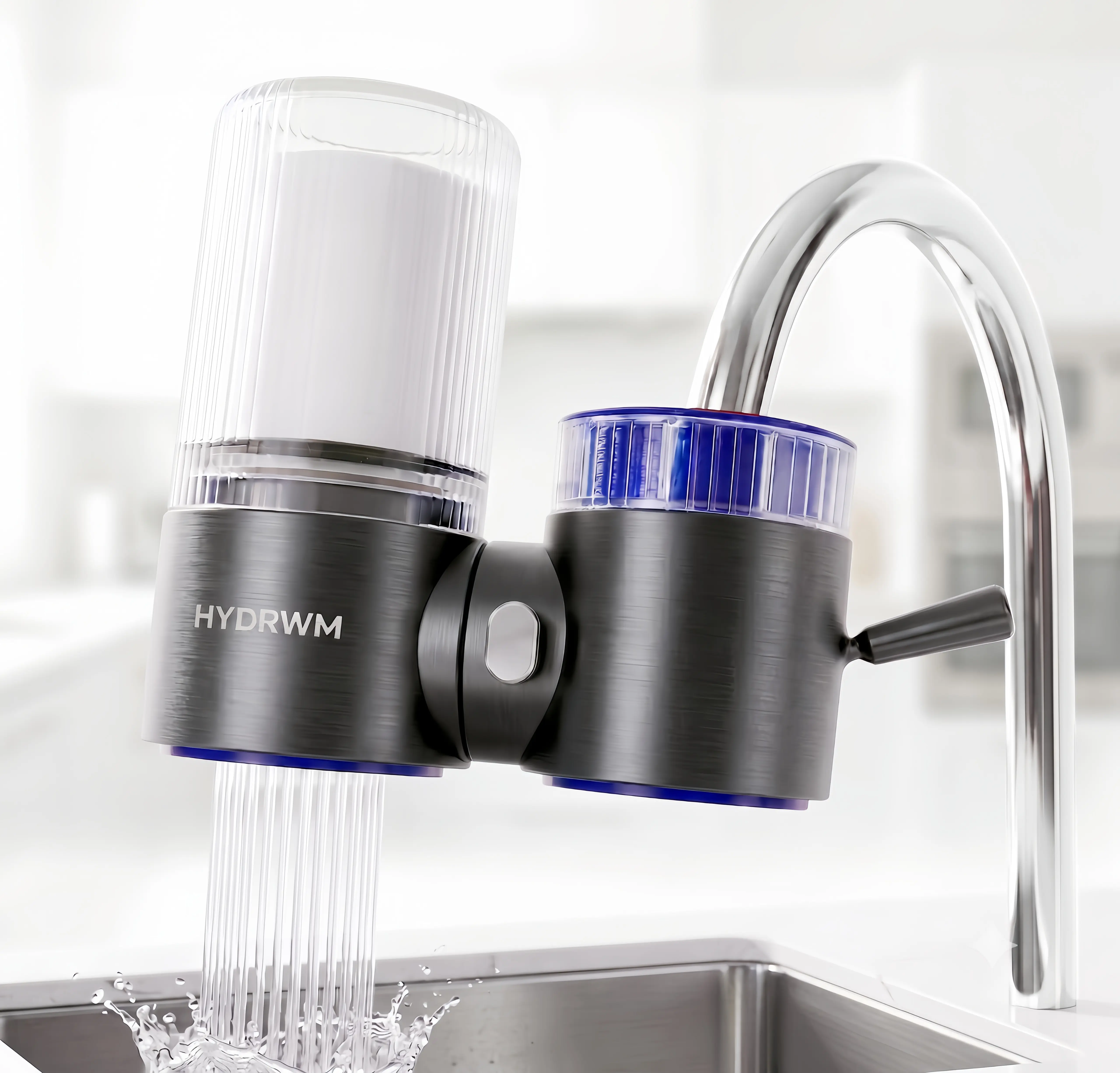 Activated Carbon Faucet-Mount Water Filter for Kitchen Sink, Chlorine Filtering Model, Reduces Lead Rust Sediment, Retains Beneficial Minerals, 400-Gal Capacity, 360-Degree Rotation, Easy Installation, Visible Filter Chamber, Gunmetal & Modern Blue