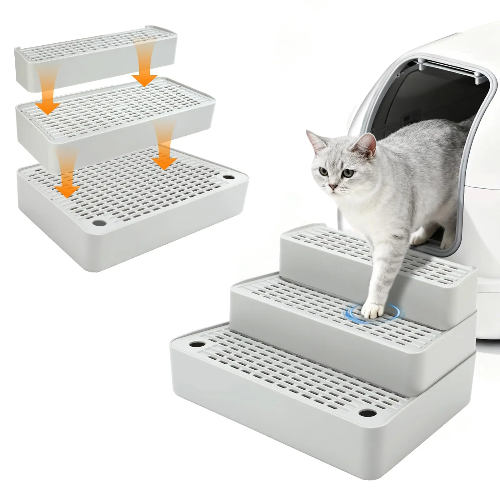 3-Step Adjustable Plastic Cat Litter Box Stairs with Ramp, Mesh Litter Trap, Filter Function, Non-Slip Floor-Safe Wipe-Clean Design for Small Cats (Light Grey) - Universal Access & Easy Maintainability, Maintain