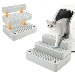 3-Step Adjustable Cat Litter Box Stairs with Ramp, Litter Trap, Filter Function, Non-Slip, Floor-Safe, Wipe-Clean for Small Cats (Light Grey)