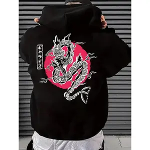 Men's Dragon Print Pocket Drawstring Hoodie, Regular Fit Casual Drop Shoulder Long Sleeve Hooded Sweatshirt, Men's Spring & Fall Clothes Unisex Hoodies