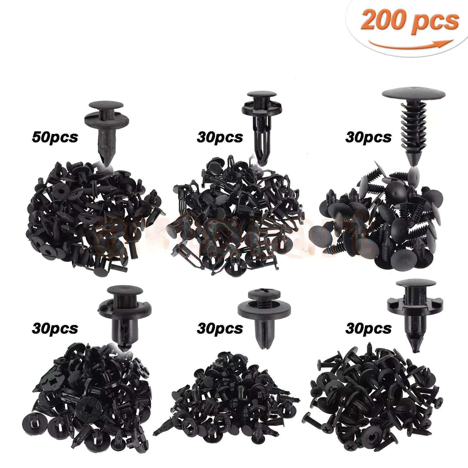 Automotive Multi-Size Car Accessory Clips Kit - 200 Pcs Push-In Trim Fasteners & Rivets, 6 Sizes Auto Body Retainers with Tight Pressure Leg Locks, Fits 8mm Holes for Fender/Door Clips & Common Trim Work