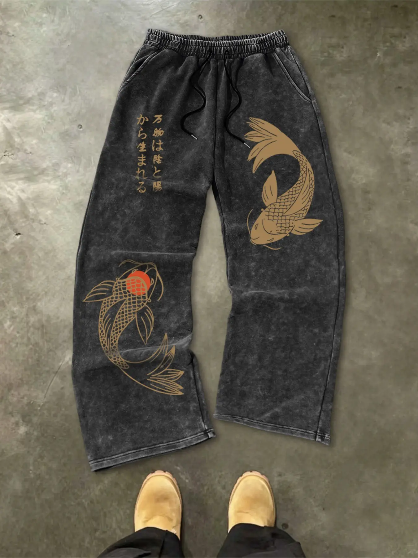 Men's Casual Cotton Long Pants, Japanese Koi Fish Print, Drawstring Waist, Pocket Design, Comfortable Loose Fit, All Seasons, Casual Comfy Trouser, Casual Street Comfy, Casual Pocket Trousers