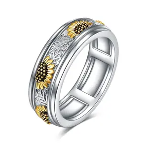 Personalized 925 Sterling Silver Sunflower Spinner Statement Ring Jewelry For Women