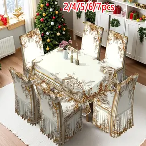 2/4/6/5/7 pieces of fashionable and high-end chair cover and tablecloth sets, thickened chair cover and tablecloth sets (1 tablecloth + 4 chair covers or 1 tablecloth + 6 chair covers), easy to care for, reusable, for home decoration