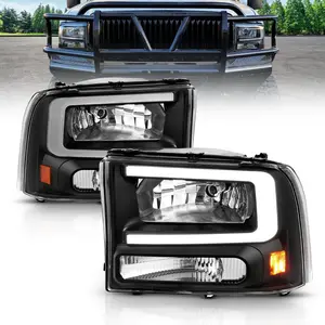 AmeriLite for 1999-2004 Ford F250 F350 F450 Superduty | 2000-04 Excursion C-Type LED Tube Black Replacement Headlight Pair - Passenger and Driver Side