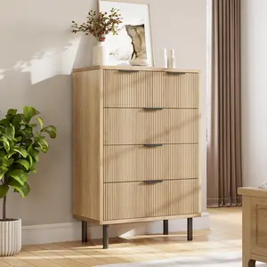Natural Oak Wave Fluted 5 Drawer Dresser for Bedroom,Modern Wood Chest of Drawers with Wide Drawers,Closet Dresser Organizer with Anti-Tipping Device and Metal Legs for Hallway Entryway