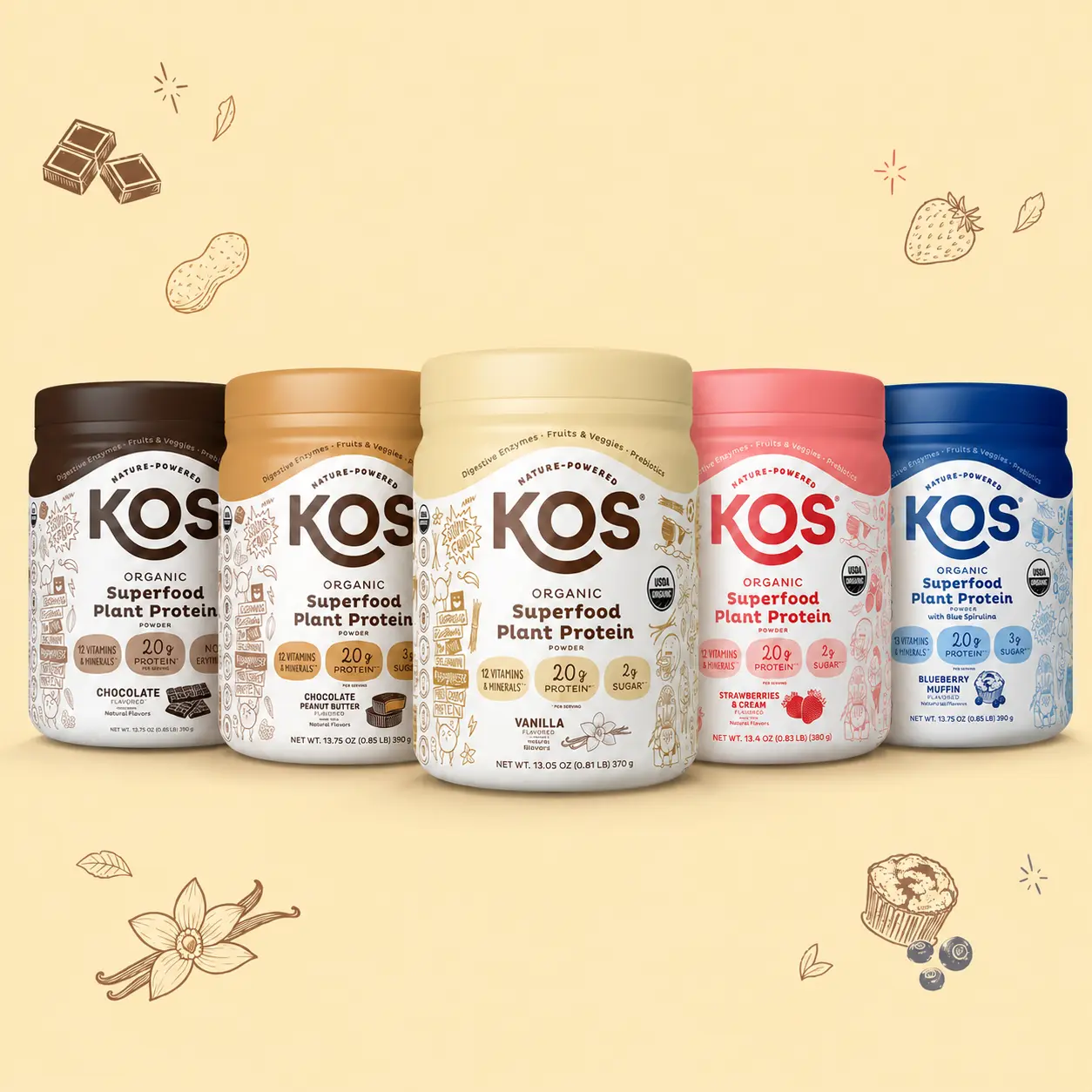 KOS Organic Superfoods Plant Protein 10 Servings & 5 Flavors, USDA Certified, Gluten Free, 20g Protein Per Serving, Digestive Enzymes for Optimum Absorption