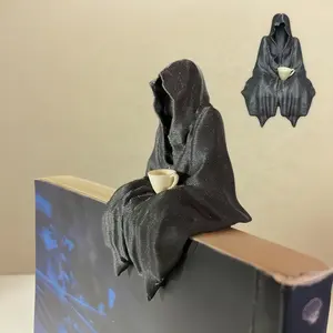 Halloween Tabletop Decor Sitting Ghost Figurine Tabletop Gothic Decor Grim Reaper Statue With Coffee Cup Black Resin Spooky Sculpture For Bookshelf Or Desk 5 Inch Gift For Halloween