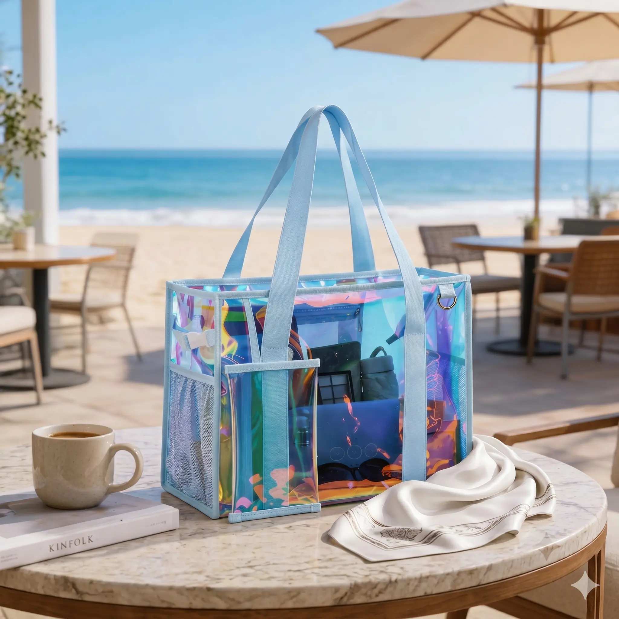 [2026 New Design] Women's Iridescent Large Zipper Waterproof Sandproof Beach Bag - Home Organizer Storage Tote with Mesh Pockets and Makeup Bag Bonus