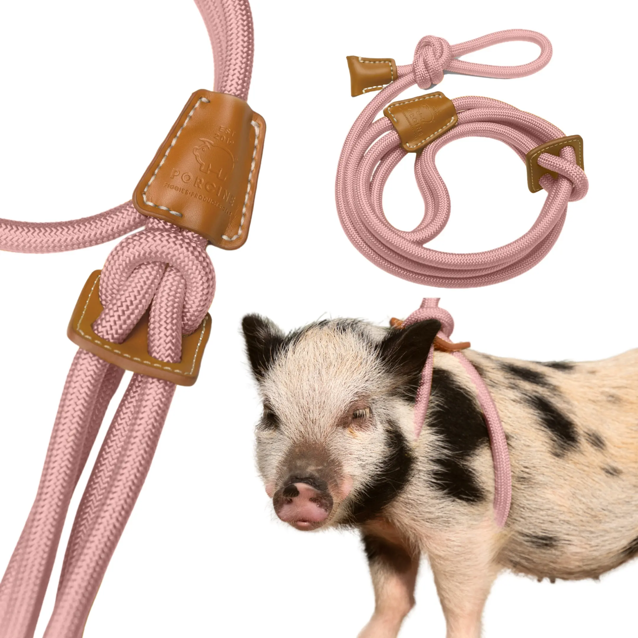 PORCINE Easy-On Pig Harness + Leash - Nylon Rope with Faux Leather Details for Mini Pigs - Fast & Frustration-Free Fit - Soft Yet Strong Design - Trusted by Pig Parents (SM | Mauve Pink)