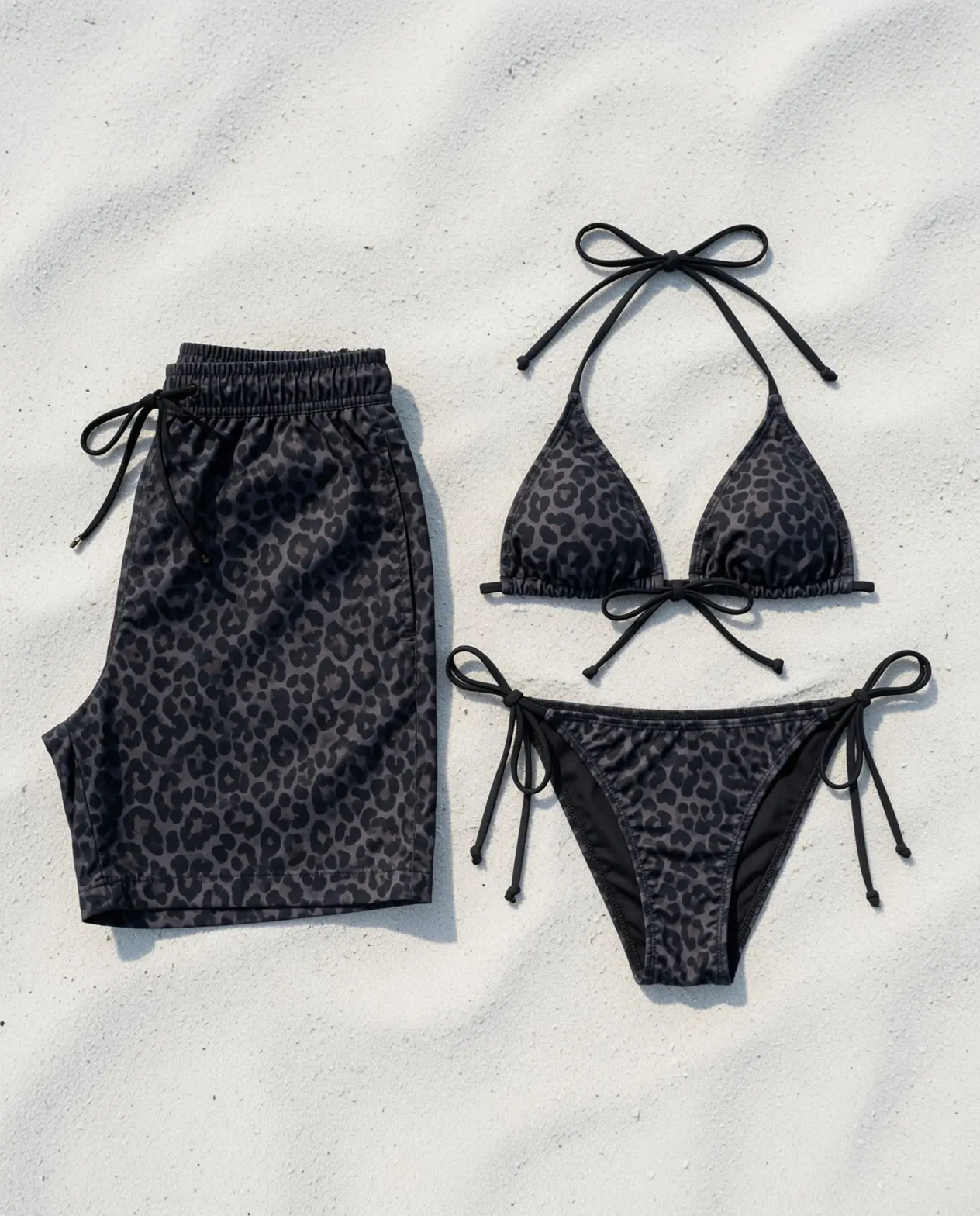 Matching Black Leopard Couple Swimwear Set, Triangle Tie Bikini & Men's Swim Shorts, Animal Print His and Hers Swimsuit, Vacation Beach Gift