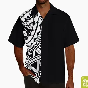 Polynesian Samoan Style Hawaiian Shirt for Men, Half Black White Tribal Print Aloha Shirt, Tropical Bowling Vacation Shirt, Gift for Him