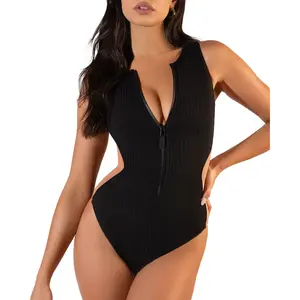 Women's Contour Rib Spandex Shapewear Bodysuit - Brazilian Crew Neck, Black/Tawny, Compression Leg Support, Comfortable Fabric Fit with Zipper