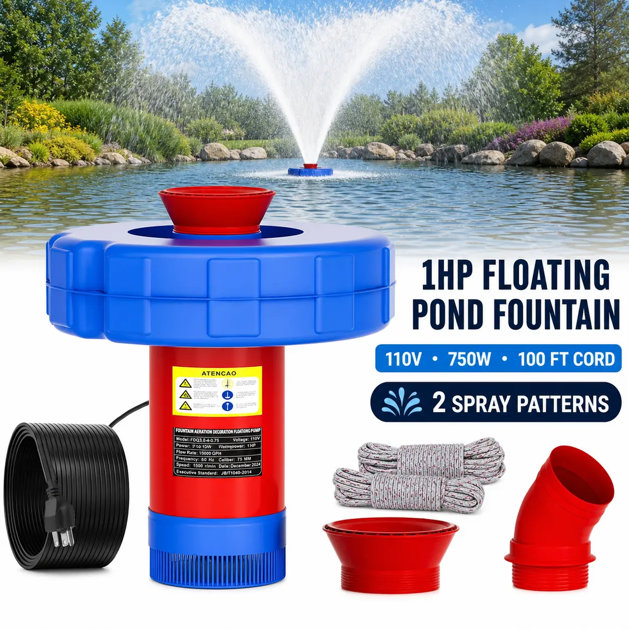 1HP (750W) Single-Phase Motor Pond Aerator - 110V Easy-to-Install Plug-in Kit, 100ft Power Cord Submersible Pump, Premium PVC Float, Interchangeable Nozzles for Large Ponds, Backyard Water Features