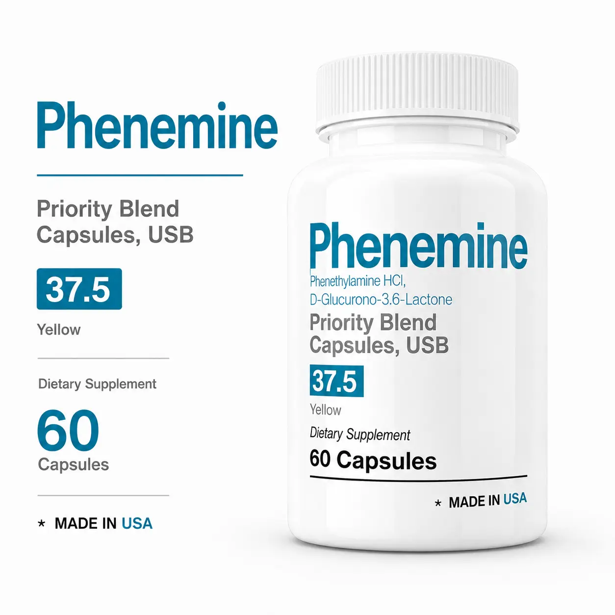 Phen 37.5 Capsules - Fit Nutrition Weight Mgmt Supplement, 60 Unflavored Capsules, Daily Dietary Support, 1-Month Supply, Prop 65 Safe, Men & Women, US Stock Bottle