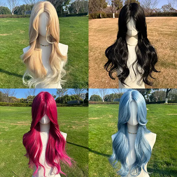 SMILCO/26 Inches Ombre Gold/Pink Long Curly with Bangs Synthetic Wig for Christmas/SM436 Body Wavy Wiglet High Quality Wigs