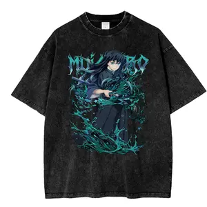 Menswear Short-Sleeve Casual Distressed Festive Demon Slayer Muichiro Tokito Mist Hashira Mineral Wash Vintage Streetwear Tee, Kimetsu Yaiba Shirt, Gift For Him
