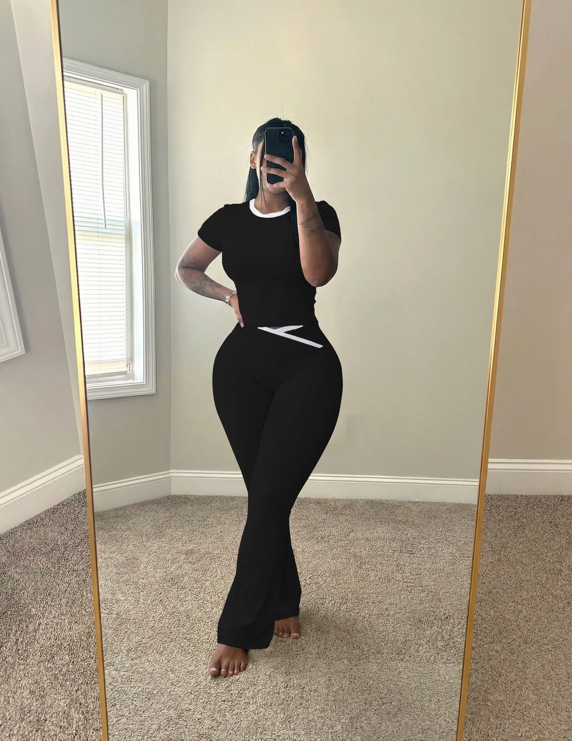 USBOUTIQUE CHIC Women's 2026 Summer 2-Piece Workout Set Short Sleeve Crop Top & Crisscross Waist Flare Leggings Activewear