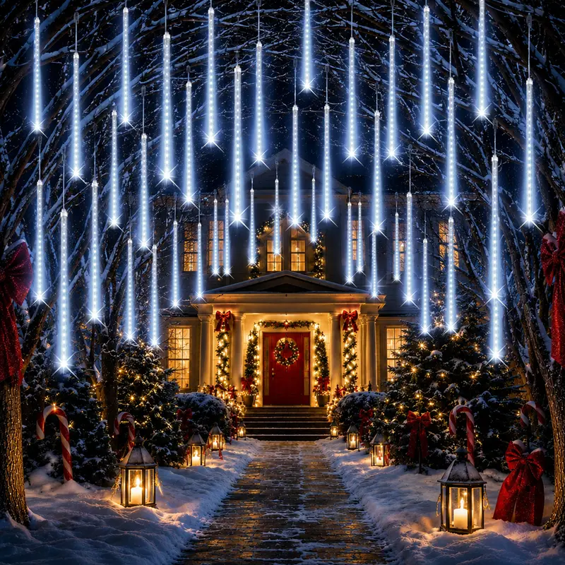 PEMOTech Christmas Lights Outdoor,24 Tubes 30cm 576 Led Meteor Shower Lights, Waterproof Christmas Decorations Icicle Light for Xmas Tree Halloween Party, Outdoor Christmas Decorations,Ul Plug