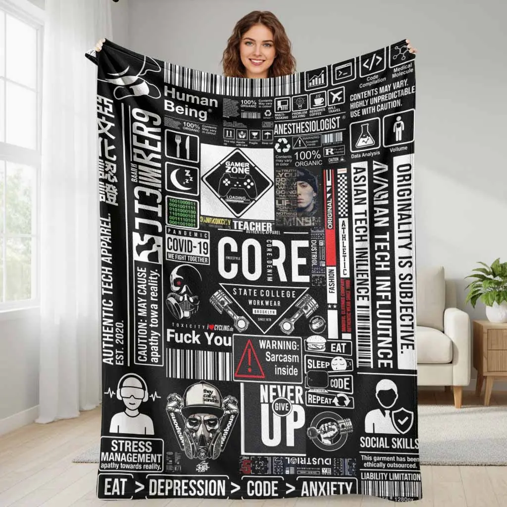 Cyber Tech Typography Flannel Blanket  Gamer Zone and Coding Graphics Print Design  Soft Warm Durable Decorative Throw  Perfect for Bedroom  Office Lounge  Living Room  Couch Decor  Gift for Friends  Gaming Sessions  Home Relaxation summerwins, Wrinkle Re