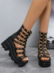 Women's 9CM Height Boost Gladiator High Platform Sandals | Shoe For Festival & Gothic Streetwear | Y2K Punk Style | PU Leather Gold Studded Non-Slip Sole | For Rave, Cosplay, Daily Wear