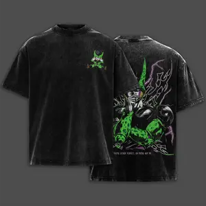 Retro Perfect Cell Acid Wash Shirt | Dark Anime Villain Heavy Cotton Graphic Tee | 90s Y2K Streetwear Oversized Top | Anime Lover Streetwear