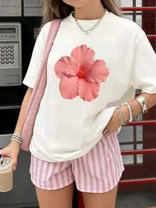 Teenage Girls Clothes Floral Print Short Sleeve T-Shirt & Striped Shorts Set, Summer Fashion, Casual Youth Student Style, Streetwear