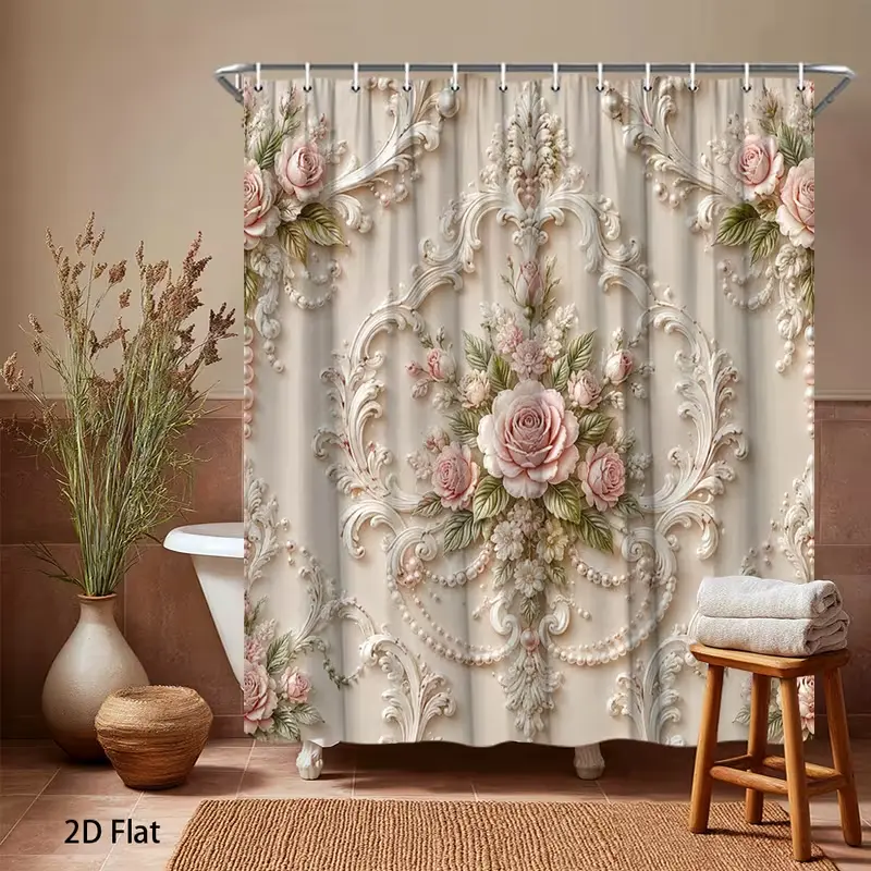 Nature-Inspired Pink Rose Floral Print Embossed Shower Curtain for Bathroom Home Supplies