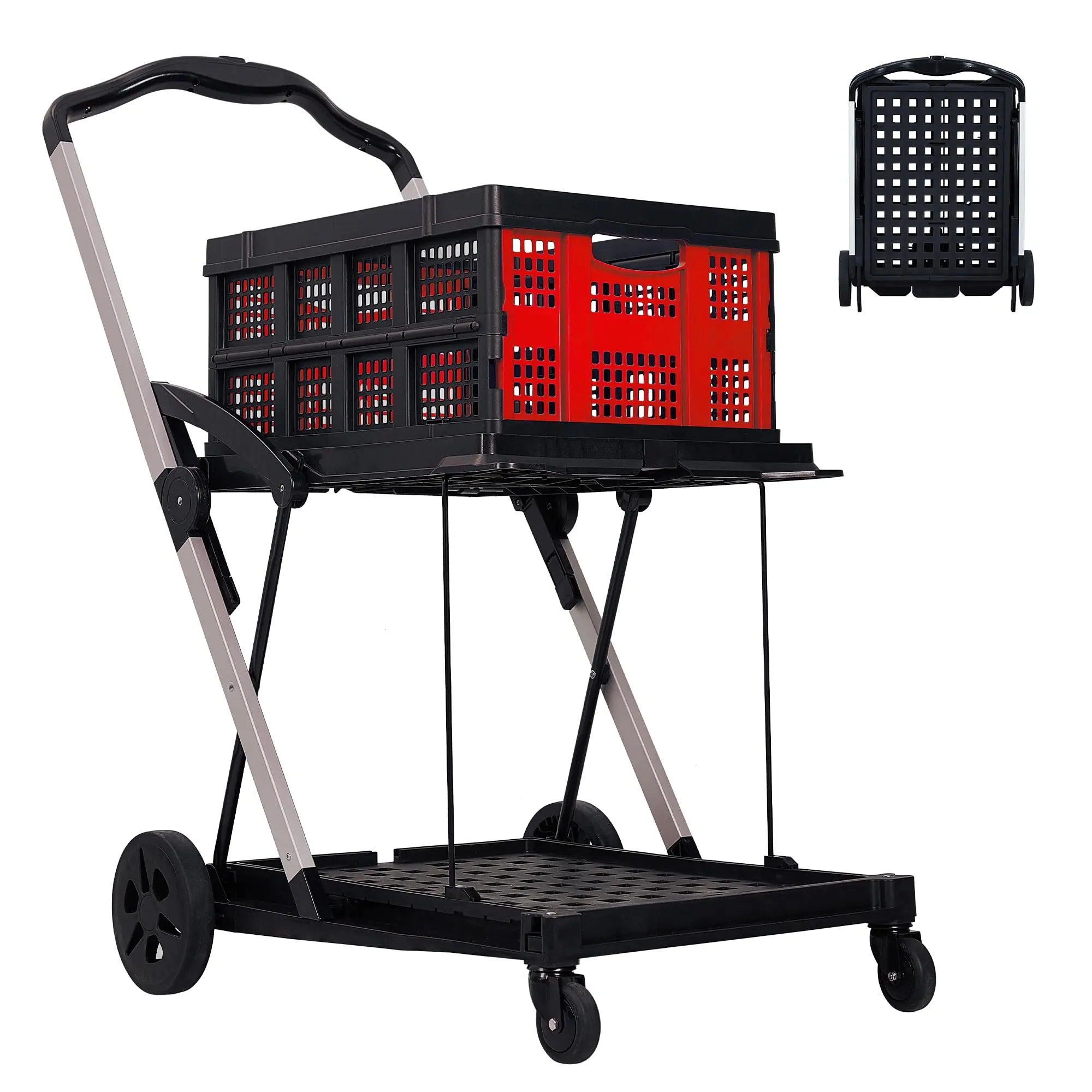 2-Tier Foldable Grocery Cart with Wheels & Removable Crate - Aluminum Frame Trolley for Shopping, Picnics & Office - Red folding shopping cart