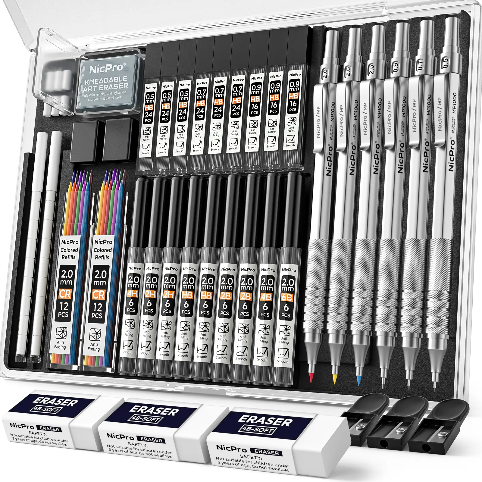 Nicpro 35-Pack Black Metal Mechanical Pencil Set with Case – Office School Supplies, Precision Marking Tools (0.5/0.7/0.9mm Art Drafting, 3-Pack 2mm Graphite Lead Holders, 20-Tube Refills: 6B,4B,2B,HB,2H,4H), Pencil Set Pencils