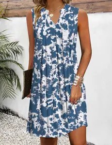 Women's Casual A-Line Dress with Pockets 2025 Sleeveless V Neck Pleated Sundress Loose T-Shirt Work Office Dresses