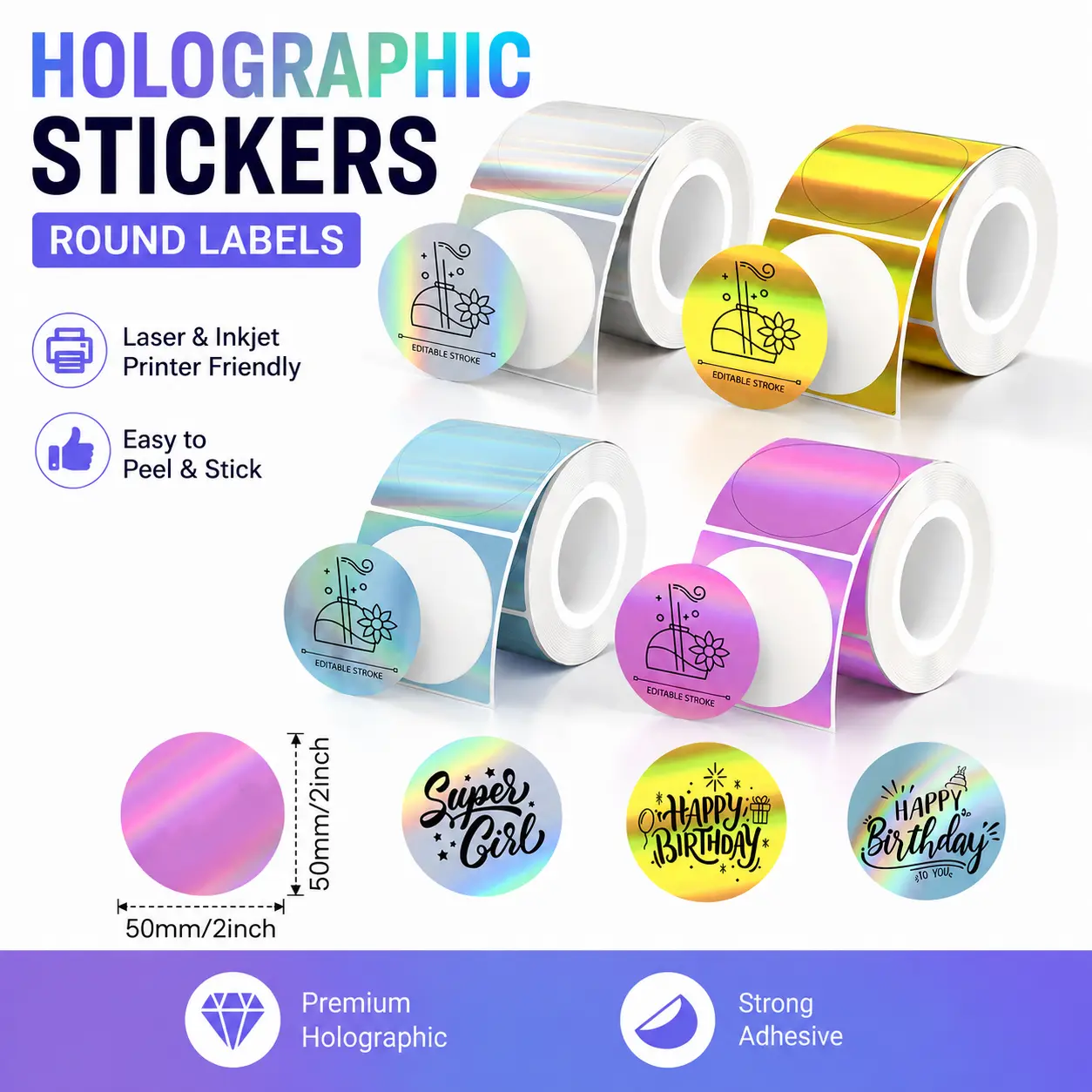 Holographic High-Viscosity Pressure-Sensitive Circle Sticker Label (50x50mm, B3S, Clabel 221b) - 4 Rolls (Gold, Silver, Purple, Blue) Office Stickers, Compatible with M110-M102-P1-P2 Thermal Label Printer, for Small Business Supplies, DIY Crafts, High-Vis