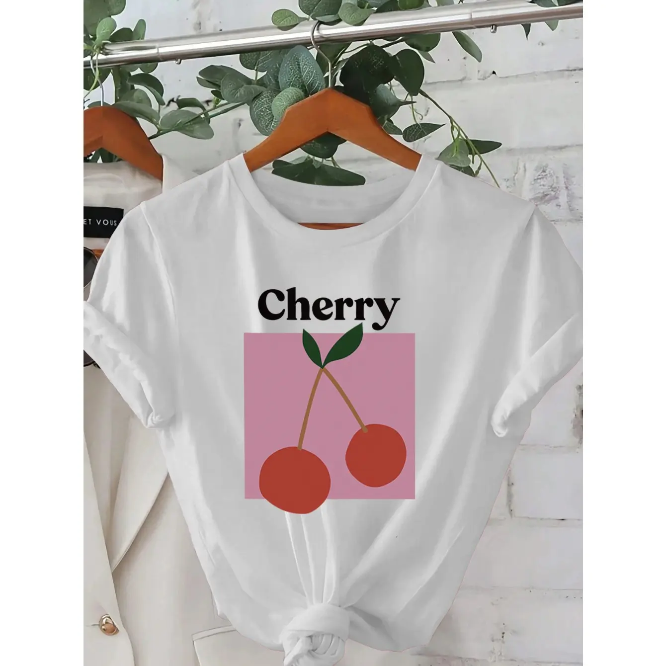 Women's Cherry Pattern Short-Sleeve Crew Neck Regular Fit T-Shirt - Casual Garment, Soft Breathable Fabric, Durable Custom Print, Everyday Comfort, Machine Washable, Unisex Indoor Top, Customized, Shortsleeve, Round Neck, Women's Clothes, Soft Fabric, Tsh