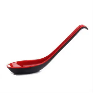 10PCS Red and Black Asian Soup Spoon with Hook-Chinese Style Spoon, Perfect for Rice Pho Ramen Noodle Soups