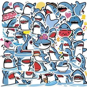 Cartoon Shark Pattern Sticker, 50pcs/set Self Adhesive Decorative Stickers, DIY Decals for Water Bottle, Laptop, Phone Case, Scrapbooking, Journal Making, Screen Protector