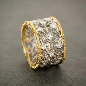 Elegant Vintage Hollow Floral Motif 2-Tone Unique Ring, French-Style Fashion Costume Jewelry for Daily & Banquet Wear, Unique Rings