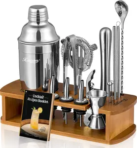 Cocktail Shaker Set Bartender Kit with Stand | Bar Set Drink Mixer Set with All Essential Accessory Tools: Martini Shaker, Jigger, Strainer, Mixer Spoon, Muddler, Liquor Pourers |Silver