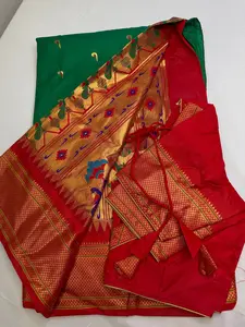 Semi Gadwal  Silk Paithani Green Red Saree