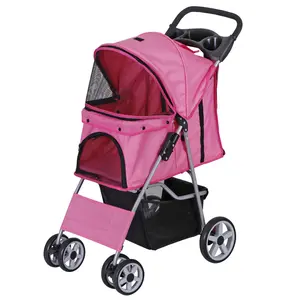 Foldable 4-Wheel Pet Stroller and Carrier with Storage Basket for Cats and Dogs, Pink, 4-Wheel Stability