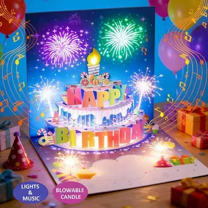 LED Light & Music 3D Pop-Up Birthday Card – Blowable Candle Interactive Greeting for Women, Men, Kids & All Occasions