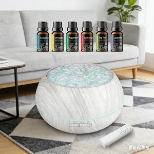 Aromatherapy Remote Control Wood Grain Essential Oil Diffuser  550ml, 7 LED Colors, 6 Oils Included Colorful Flame Aroma Humidifier