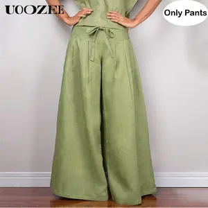 UOOZEE Women's High-Waisted Linen Rayon Cotton Blend Trouser - Plain, Loose-Fitted, Fake Drawstring, Pleated, Split-Joint, Waist-Slimming, Comfortable, Machine Washable, 1 Size Up Recommended