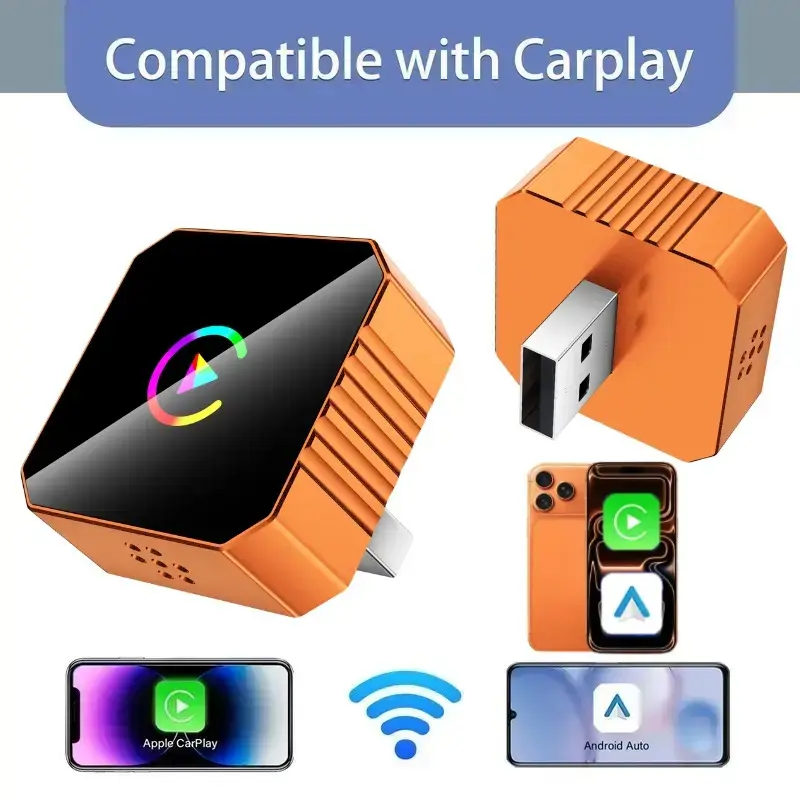 2026 Orange CarPlay Wireless Adapter, Carplay Dongle Connectivity, Car Gadgets, compatible with iPhone, fast connection, no delay, hands-free calling, electronic charger, material, perfect gift for Christmas or birthday