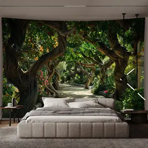 1 oversized Peace Forest Park Landscape Tapestry Wall Mural - Vivid Stone Path and Green Plant Wall Art, Aesthetic Polyester Print for Living Room, Bedroom or Office Decor - Free Hanging Clips Included, Interior Decor | Hand Stitched, Landscape Decor