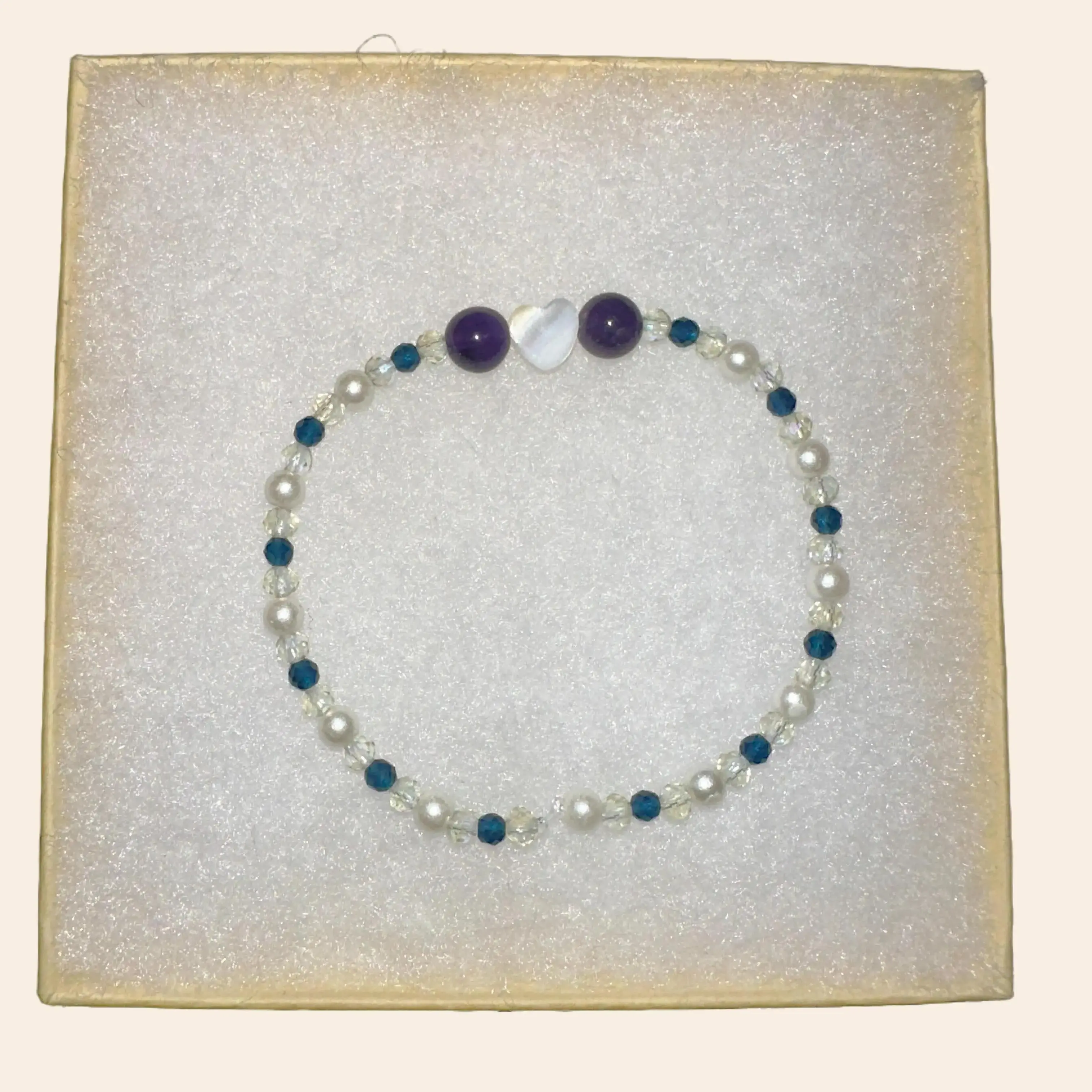 Amethyst, White Heart & Faux Pearl Bracelet | Spinel Energy Jewelry (6in) | Handcrafted