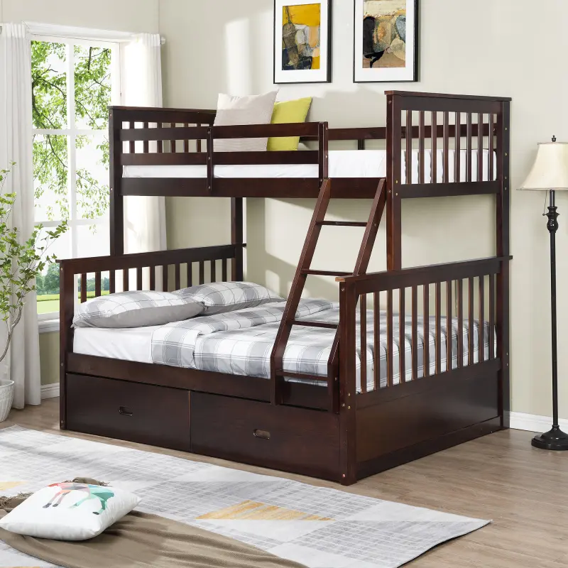 【Bellemave】Twin Over Full Bunk Bed with Storage Drawers, Wooden Bunk Bed with Ladder and Safety Guard Rails –Espresso    RR